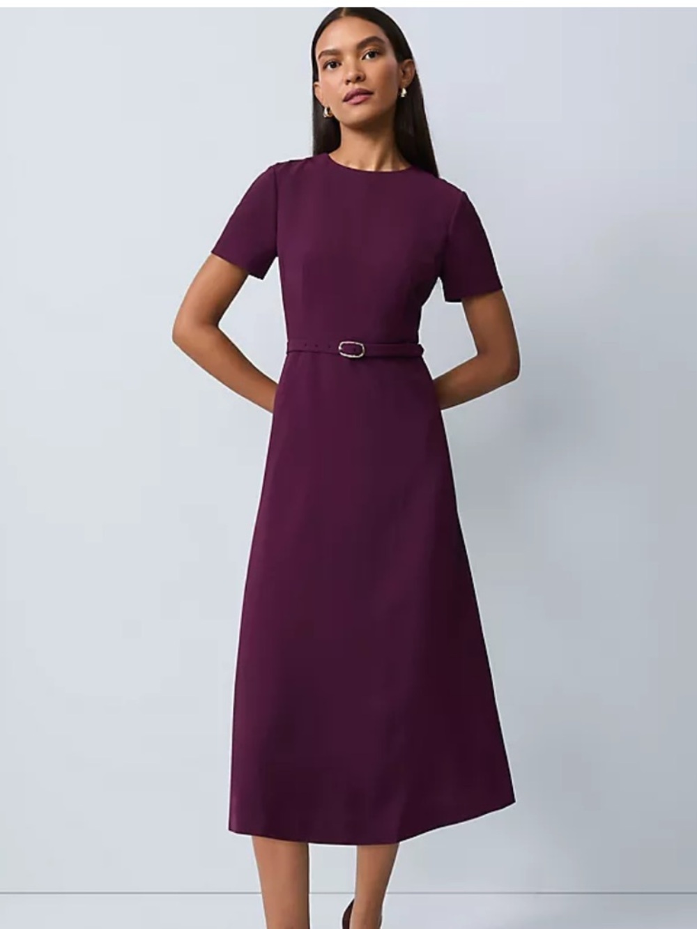NEW Ann Taylor Petite Belted Crew Neck Midi Dress A-Line Short Sleeve Purple